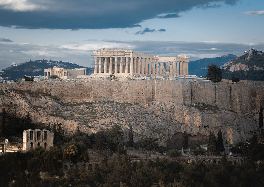 The Parthenon, a former Greek temple, was dedicated to Athena, a goddess of Athens. Construction began in 447 BC at the peak of the Athenian Empire’s power.