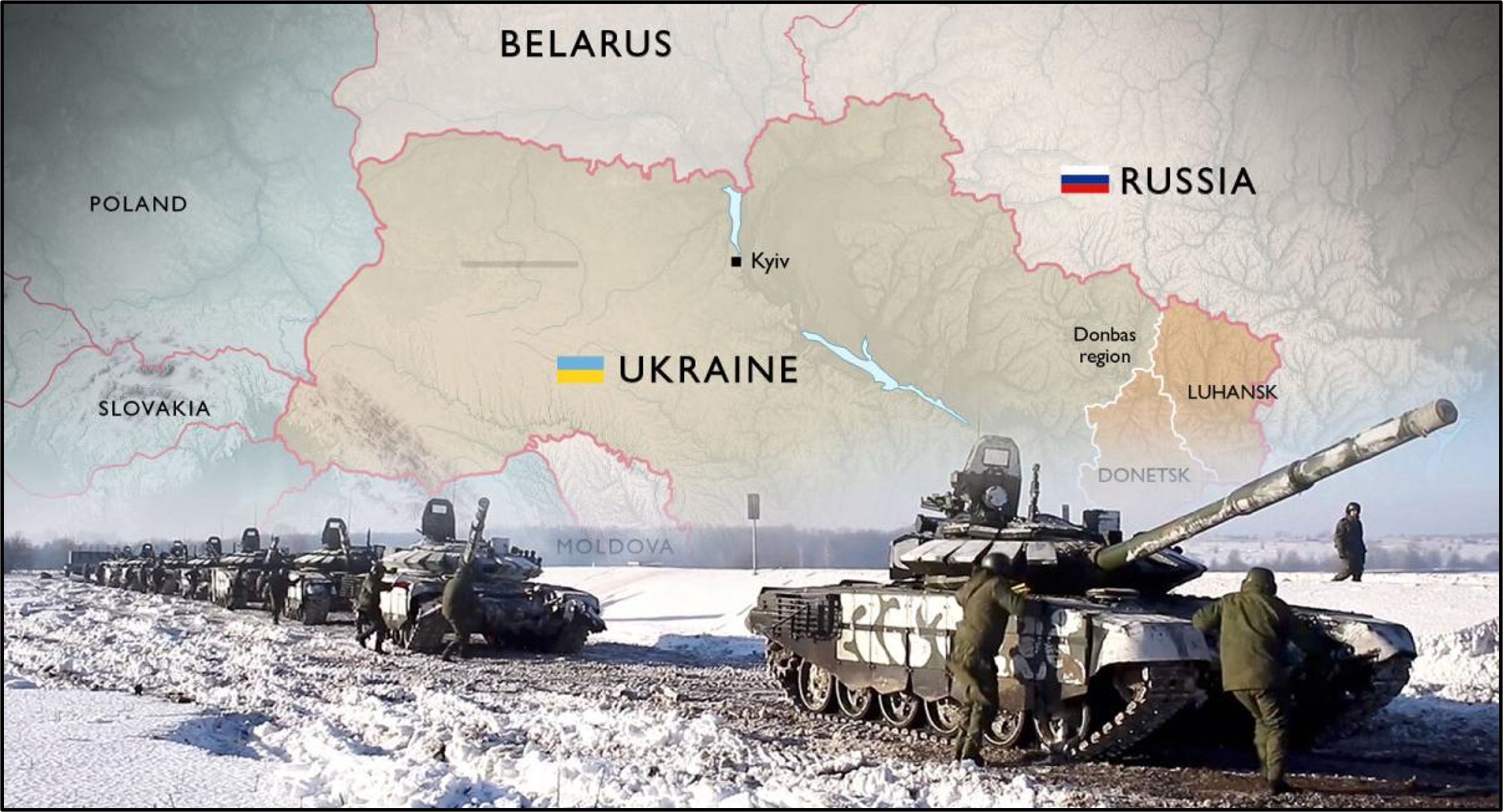Map of Ukraine and Russia with tanks in front of it