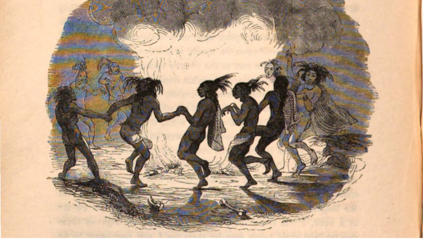 A photo of Indigenous men and women holding hands and dancing in a circle