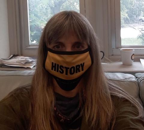 History Department chair Catherine Rymph sports History Department mask